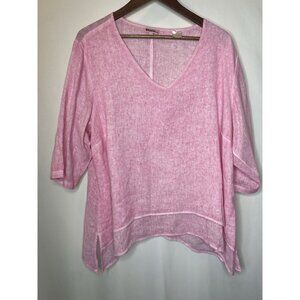 Azucar Womens Pink 100% Linen V Neck Blouse Size L V Neck Asymmetric Coastal